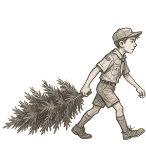 Boy scout hauling tree